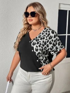 Summer Casual Top Contrast Color Leopard Patchwork Loose Short Sleeve V-Neck Shirt -Plus Size Dresses Shop 3e52caabeb9201a8