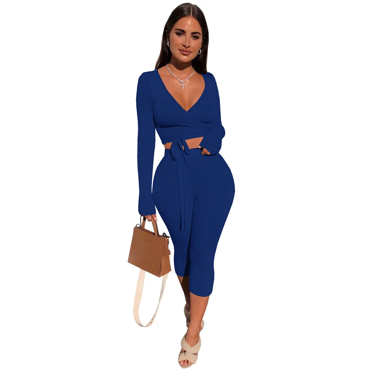 Autumn And Winter Plus Size Women's Solid Color Long Sleeve 7-Point Pants Sexy Casual Two Piece Set 6 Autumn And Winter Plus Size Women's Solid Color Long Sleeve 7-Point Pants Sexy Casual Two Piece Set - Image 4