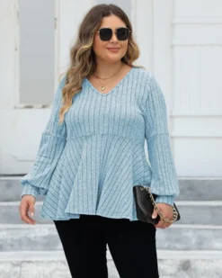 Women's Plus Size Tops Spring And Autumn V-Neck Ribbed Lantern Sleeve T-Shirt Basic Shirt -Plus Size Dresses Shop 3f4f56f77421a987