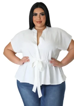 Plus Size Women Solid Belt Short Sleeve Shirt