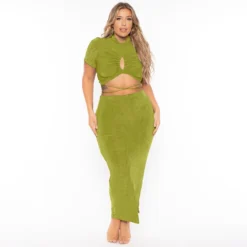 Summer Solid Sexy Drawstring Cutout Round Neck Short Sleeve Fashion Casual Slit Skirt Set Plus Size Women Clothes -Plus Size Dresses Shop 3fd3be30f71ecb4c