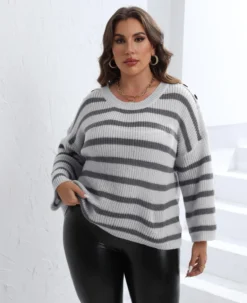 Plus Size Women Striped Button Sleeve Contrast Patchwork Oversized Sweater -Plus Size Dresses Shop 412916a9058ea19a