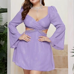 Plus Size Sexy Women Bell Bottom Sleeve Wrap Chest Hollow Dress -Plus Size Dresses Shop 41554c10a32826eb