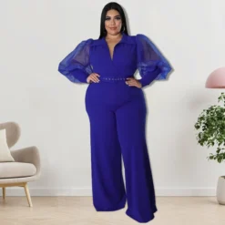 Plus Size Women Lapel Mesh Long Sleeve Jumpsuit With Belt -Plus Size Dresses Shop 420772f29799748d