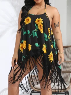 Plus Size Women Beach Strap Printed Handhook Tassel Lace-Up Backless Dress