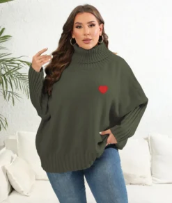Heart Print Sticker Plus Size Women's Solid Turtleneck Woven Sweater Oversized Pullover Women's Top -Plus Size Dresses Shop 426d1e7c822eb656
