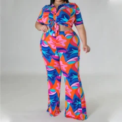 Spring Ladies Print Plus Size Short Sleeve Shirt Trousers Casual Ladies Set