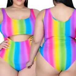 Fashion Plus Size Women's Sexy Rainbow Stripe Cutout One Piece Swimsuit Dress Two-Piece Set -Plus Size Dresses Shop 437a48d05c78f074