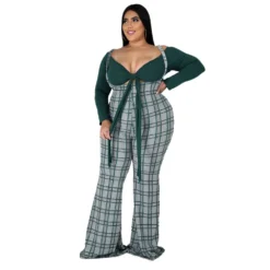 Plus Size Women Long Sleeve Top And Plaid Suspenders Set