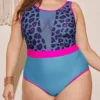 Plus Size Women One-Piece Sexy See-Through Leopard Color Block Bikini Swimwear