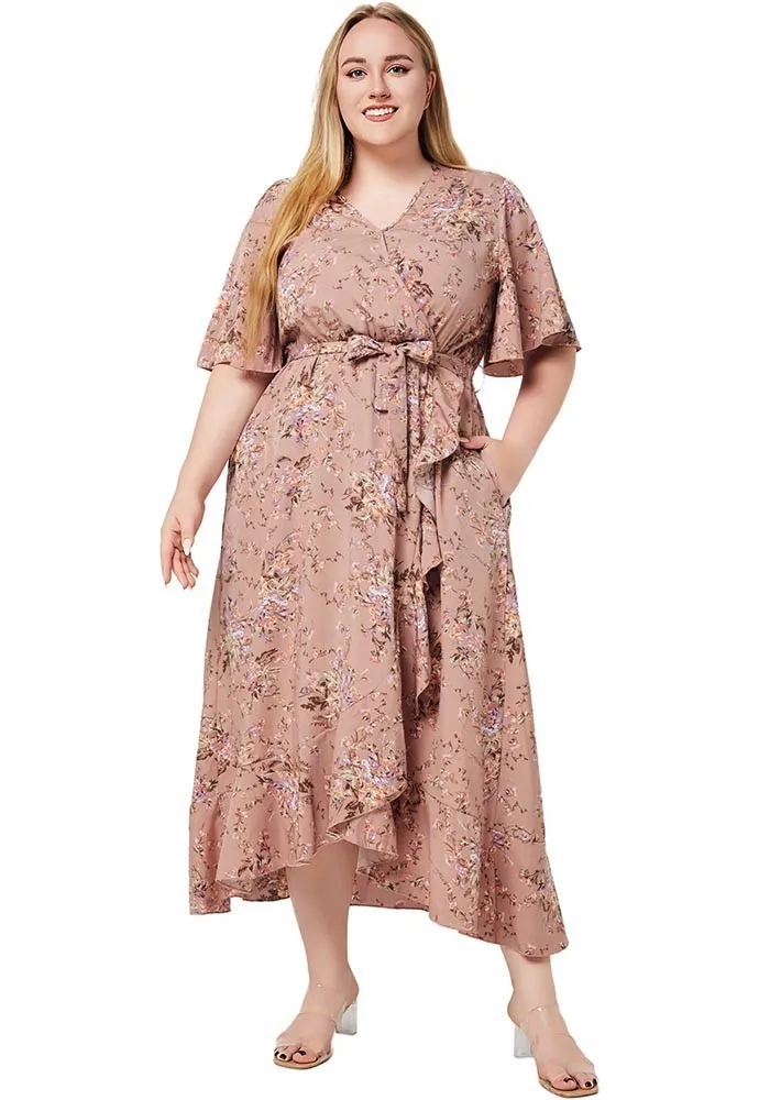 Plus Size Women Summer V Neck Short Sleeve Ruffle Print Pocket Dress 7 Plus Size Women Summer V Neck Short Sleeve Ruffle Print Pocket Dress - Image 5