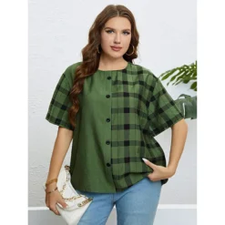 Summer Green Round Neck Plaid Casual Top -Plus Size Dresses Shop 45ba0bbfd74416ab