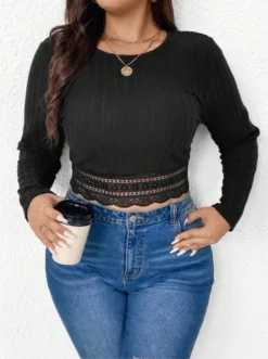 Colorblock Plus Size Women Lace Patch Round Neck T-Shirt