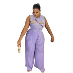 Ladies Round Neck Sleeveless Beaded Casual Loose Pleated Jumpsuit With Belt -Plus Size Dresses Shop 45e0374d19516594