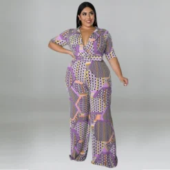 Plus Size Women Clothes Short Sleeve Deep V Neck Print Fashion Casual Multi Color Jumpsuit -Plus Size Dresses Shop 4612f639c6128bc8