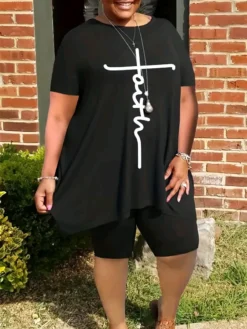 Summer Round Neck Loose Short Sleeve Print Plus Plus Size Two Piece Set -Plus Size Dresses Shop 4636b394b26b25f0