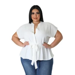 Plus Size Women Solid Belt Short Sleeve Shirt -Plus Size Dresses Shop 4638133e3629dc85