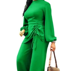 Solid Long Sleeve Drawstring Jumpsuit