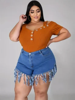 Summer Plus Size Women Tassel Denim Shorts