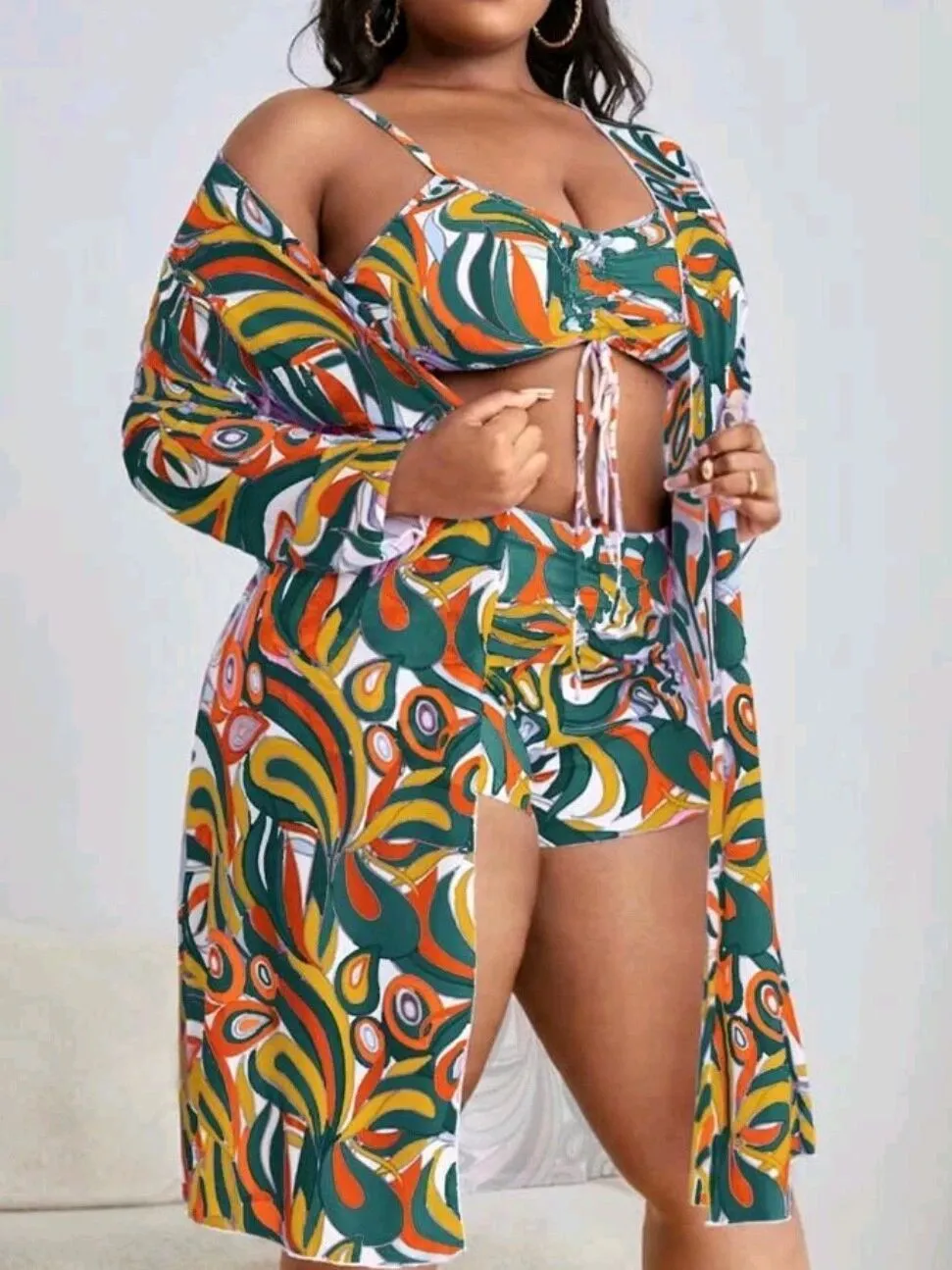Women's Print Drawstring High Waisted Two Pieces Swimsuit Long Sleeve Blouse Plus Size Three-Piece Swimwear 6 Women's Print Drawstring High Waisted Two Pieces Swimsuit Long Sleeve Blouse Plus Size Three-Piece Swimwear - Image 4