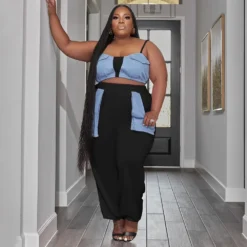 Plus Size Women's Style Patchwork Flap Pocket Loose Lace-Up Telemotion Casual Set -Plus Size Dresses Shop 47040b1d6df2b958