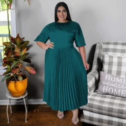 Plus Size Women's Fall Winter Pleated Round Neck Long Dress Short Sleeves -Plus Size Dresses Shop 470443ce7f0bed68