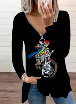 Autumn And Spring Women's Casual Fashion V-neck Zipper Print Long-sleeved Top -Plus Size Dresses Shop 477060c57fb6a10b