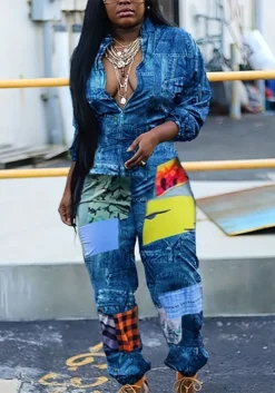 Women's Fall/Winter Positioning Print Contrast Color Long Sleeve Plus Size Jumpsuit -Plus Size Dresses Shop 47b2039340435d46