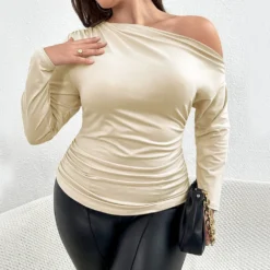 Plus Size Women's Autumn Winter Slash Shoulder Sexy Slim Solid Color Chic Long Sleeve T-Shirt Top -Plus Size Dresses Shop 47d8edaa3208f292