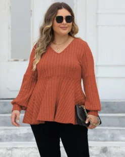 Women's Plus Size Tops Spring And Autumn V-Neck Ribbed Lantern Sleeve T-Shirt Basic Shirt -Plus Size Dresses Shop 48749ed663fdd605