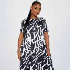 Plus Size Women Abstract Print Black And White Casual Loose Dress 25 Plus Size Women Abstract Print Black And White Casual Loose Dress -Plus Size Dresses Shop 48b450fe4f0cf225