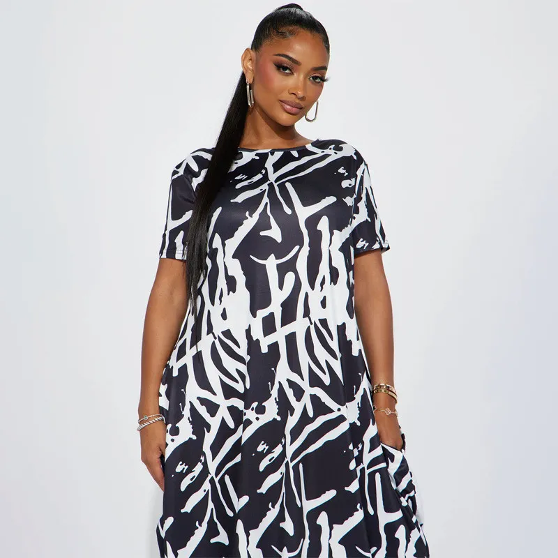 Plus Size Women Abstract Print Black And White Casual Loose Dress 14 Plus Size Women Abstract Print Black And White Casual Loose Dress - Image 12