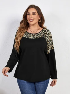 Trendy Chic Leopard Print Long Sleeve Round Neck Plus Size Top Women -Plus Size Dresses Shop 492bb2e3cb256c61