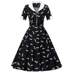 Halloween Witch Bat Print Short Sleeve Button Black And White Turndown Collar Retro A-Line Swing Dress 14 Halloween Witch Bat Print Short Sleeve Button Black And White Turndown Collar Retro A-Line Swing Dress -Plus Size Dresses Shop 497b02206024c26b