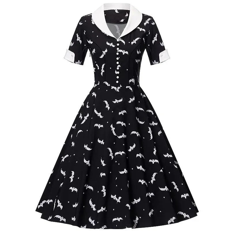 Halloween Witch Bat Print Short Sleeve Button Black And White Turndown Collar Retro A-Line Swing Dress 7 Halloween Witch Bat Print Short Sleeve Button Black And White Turndown Collar Retro A-Line Swing Dress - Image 5