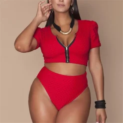 Plus Size Women Solid Zip Half Sleeve Bikini Swimwear -Plus Size Dresses Shop 4a740b13c53350bb