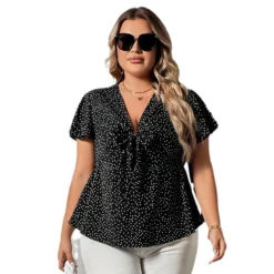 Plus Size Loose Ladies Deep V Slim Waist Polka Dot Print Ladies Top -Plus Size Dresses Shop 4ab4ce167638cf6d