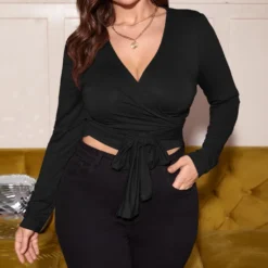 Plus Size Women V Neck Knotted Crossover Crop Top -Plus Size Dresses Shop 4b5f0f21d808ef07