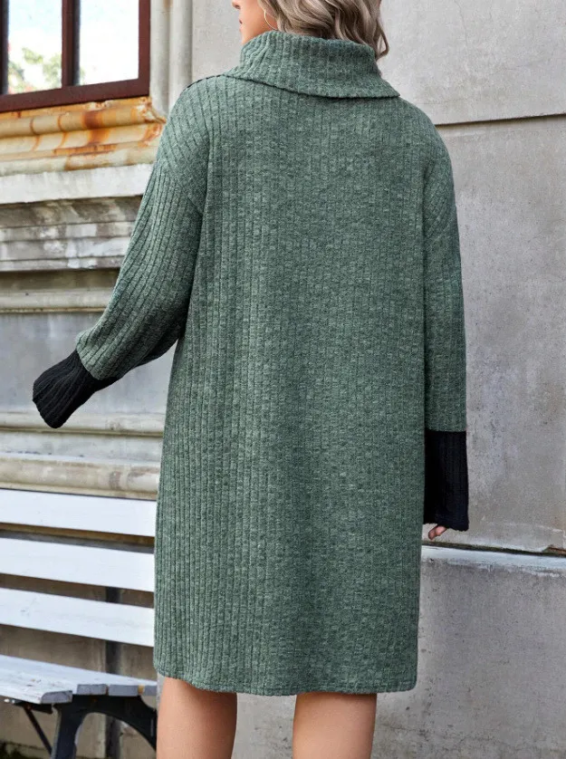 Plus Size Women High Neck Knitting Color Block Loose Casual Dress 3 Plus Size Women High Neck Knitting Color Block Loose Casual Dress