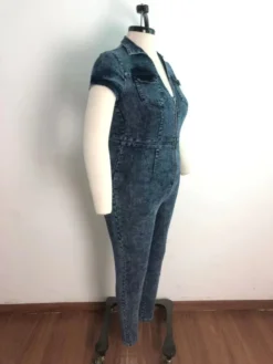 Fall Plus Size Front Zipped Denim Bodycon Jumpsuit