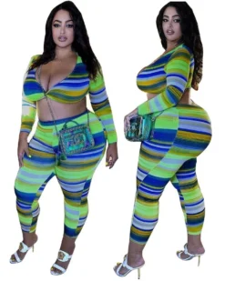 Plus Size Women Sexy Printed Striped Long Sleeve Top And Pants Two-piece Set -Plus Size Dresses Shop 4d2b3ebee6e1e21a