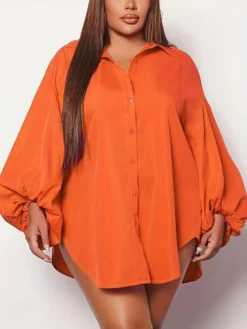 Plus Size Solid Loose Lantern Sleeve Shirt -Plus Size Dresses Shop 4d3b04d4c4b6017f