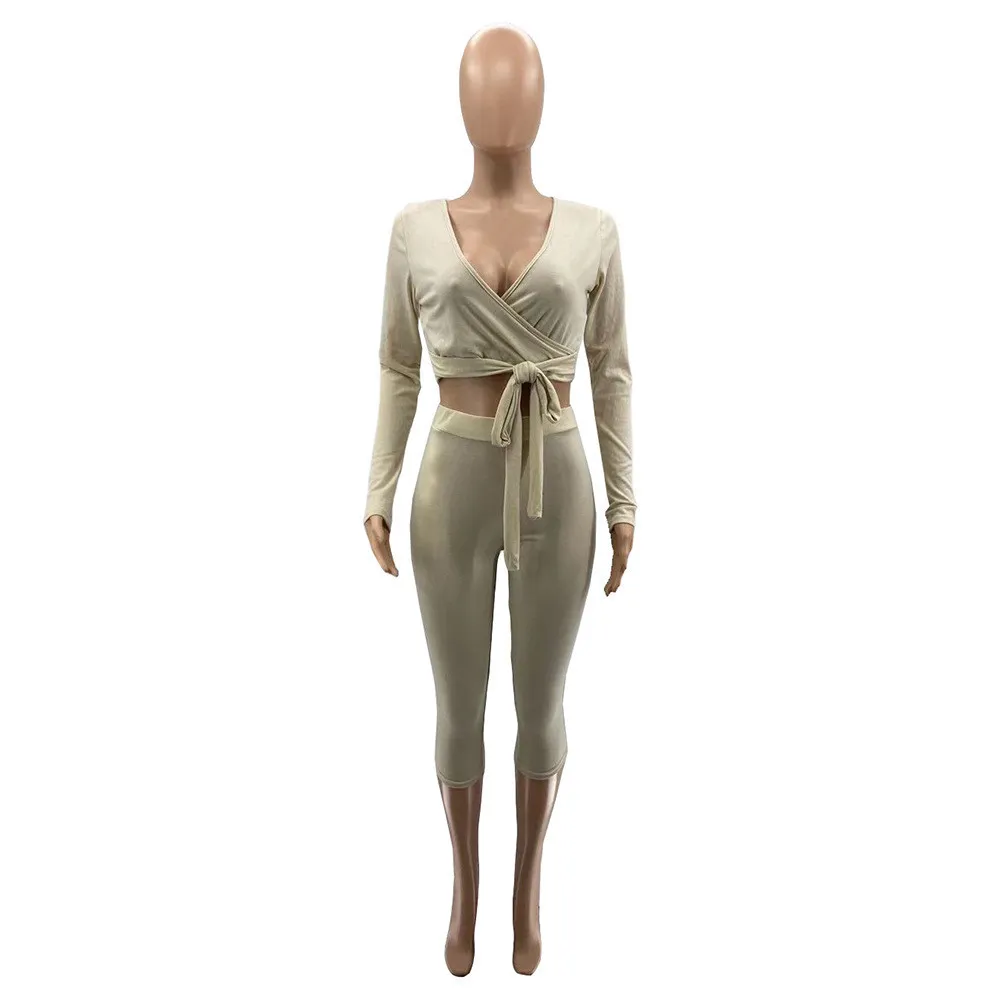 Autumn And Winter Plus Size Women's Solid Color Long Sleeve 7-Point Pants Sexy Casual Two Piece Set 7 Autumn And Winter Plus Size Women's Solid Color Long Sleeve 7-Point Pants Sexy Casual Two Piece Set - Image 5