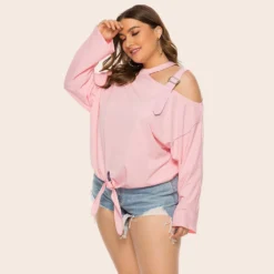 Plus Size Women's Clothing Fat Size Mm Summer Shoulder Strap Decoration Solid Color Top Bow Knot Long Sleeve Slash Shoulder T-Shirt -Plus Size Dresses Shop 4e4bd34b64ff13eb