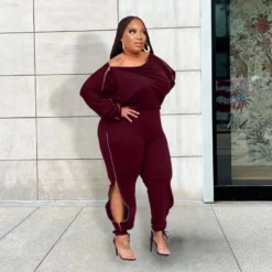 Fall Winter Plus Size Women's Sexy Fashion Solid Color Zipper Off Shoulder Jumpsuit -Plus Size Dresses Shop 4efb5c2f4e35fce2