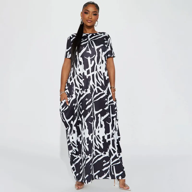 Plus Size Women Abstract Print Black And White Casual Loose Dress 6 Plus Size Women Abstract Print Black And White Casual Loose Dress - Image 4