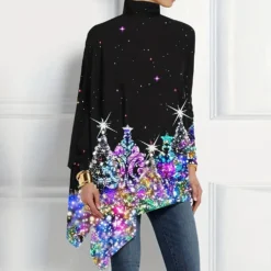 Christmas Women Printed Loose Turtle Collar Casual Irregular Top