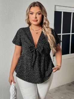 Plus Size Loose Ladies Deep V Slim Waist Polka Dot Print Ladies Top -Plus Size Dresses Shop 4f90951e91617169