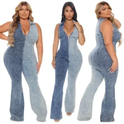 Plus Size Women's Fall Color Block Wash Sexy Denim Jumpsuit -Plus Size Dresses Shop 5001e55e83f4b3e7