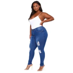 Plus Size High Waist Washed Dnim Blue Ripped Tight Jeans -Plus Size Dresses Shop 507e9123270ba6cf